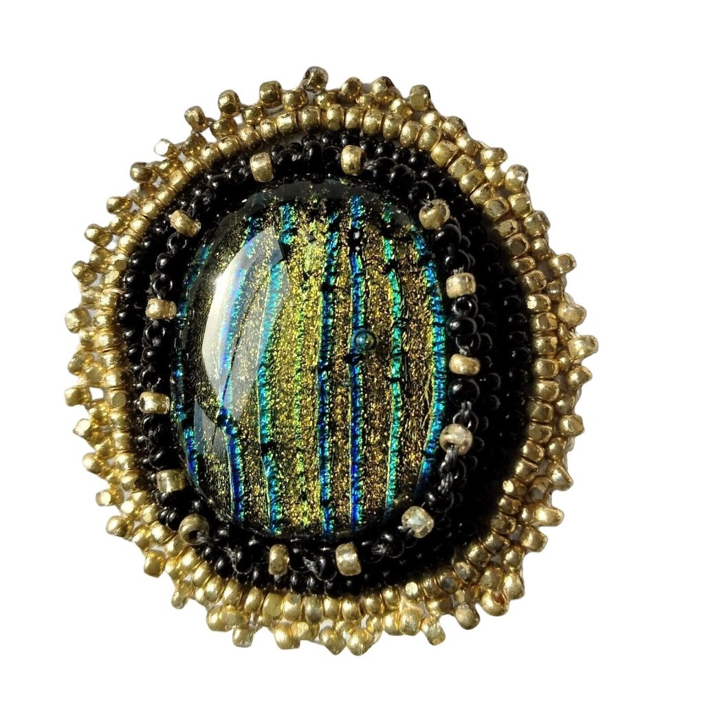 Dichroic Glass Pin Green Blue Teal Gold Striped Oval Beaded Artisan